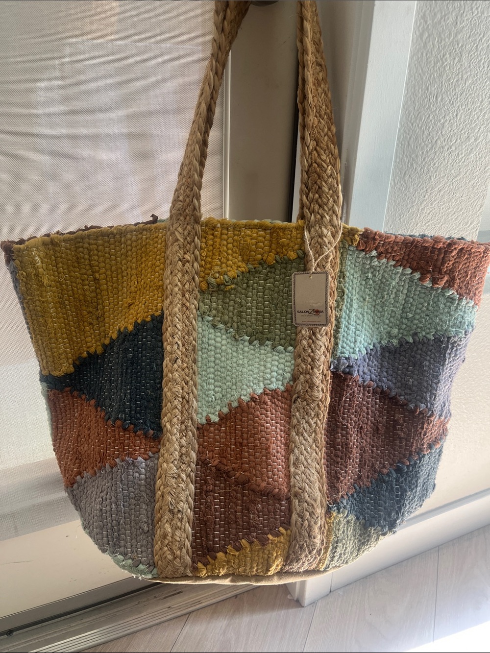 Braided Handle Patchwork Multicolor Tote - Picture 4 of 6